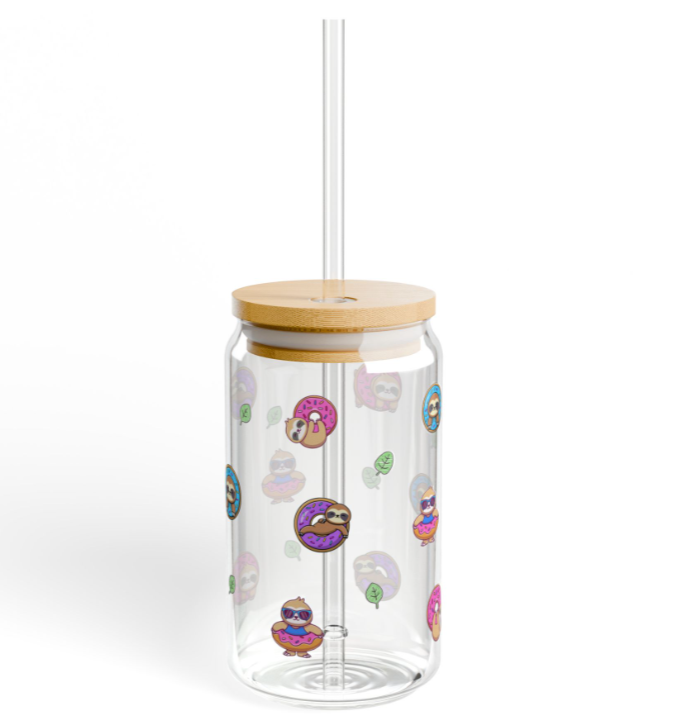 Cute Sloth and Donut 16oz Glass Jar